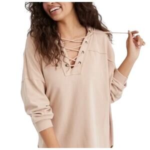 Aerie  Women's OVERSIZED Feminine Lace Up V-Neck Blush Peach  Hoodie Size XS